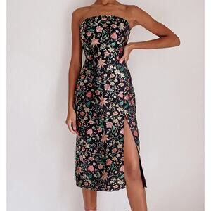 Lulus Make A Move Black Satin Floral Jacquard Midi Dress Size XS Side Slit Party